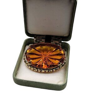 Bohemian Glass Brooch Large Orange Antique Pin Gold Tone Setting